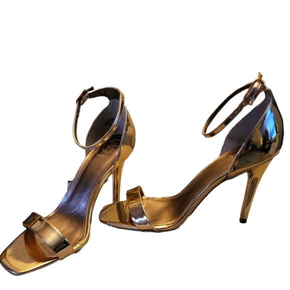 GUESS Gold Metallic/Foil Heeled Ankle Strap Sandal sz 7.5 - Picture 6 of 8